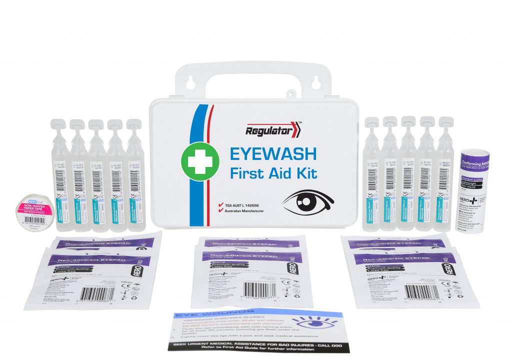 REGULATOR Eyewash First Aid Kit, 21 x 7.5 x 13 cm, for workplace eye injuries and contaminant removal