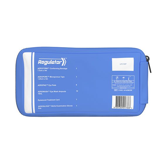 Zippered eye wound first aid module 20 x 6 x 10 cm with eye wash ampoules, eye pads, microporous tape and nitrile gloves
