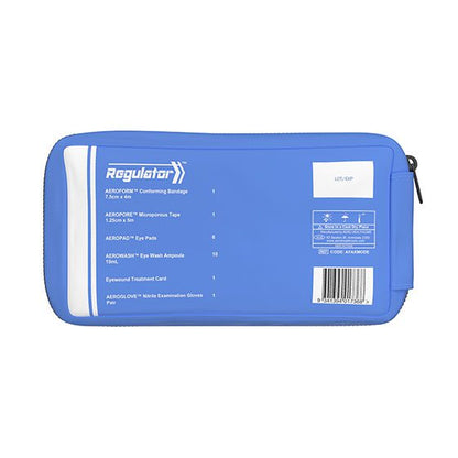 Zippered eye wound first aid module 20 x 6 x 10 cm with eye wash ampoules, eye pads, microporous tape and nitrile gloves