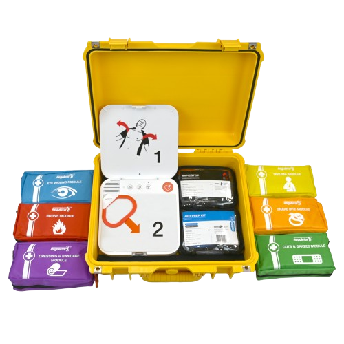 Yellow emergency first aid kit with labeled medical supply pouches and a defibrillator inside