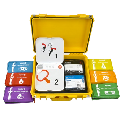 Yellow emergency first aid kit with labeled medical supply pouches and a defibrillator inside