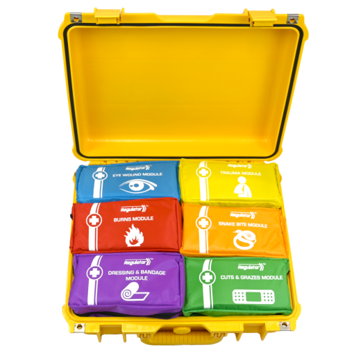 Open yellow first aid kit with six color-coded medical modules organized inside