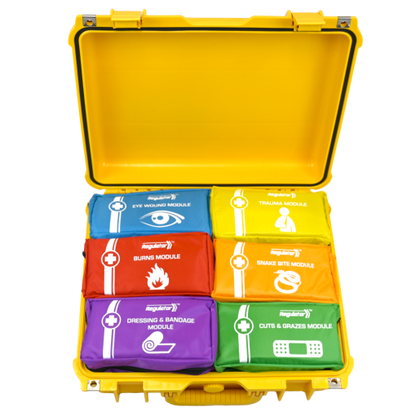 Open yellow first aid kit with six color-coded medical modules organized inside