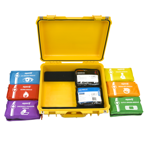 Yellow hard case open with assorted color-coded first aid kit modules arranged around it