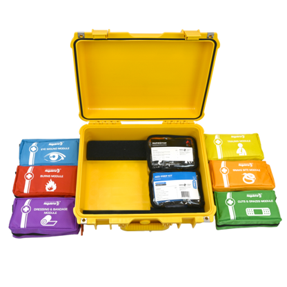 Yellow hard case open with assorted color-coded first aid kit modules arranged around it