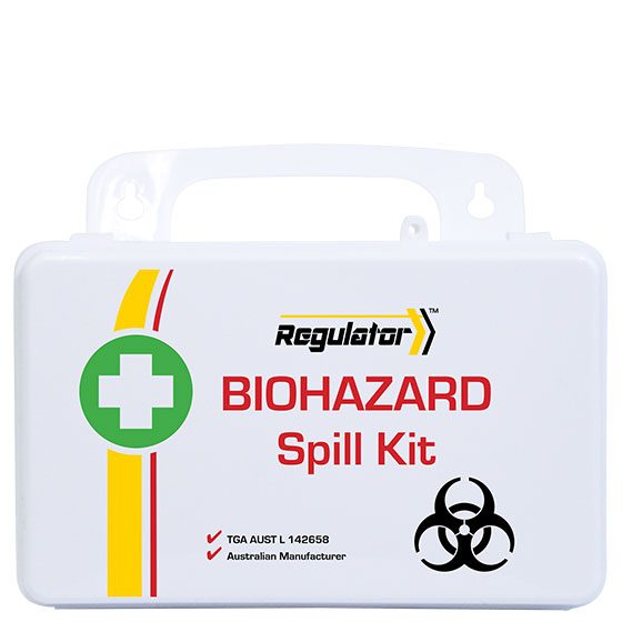 Spill kit contents including nitrile gloves, surgical mask with eye shield, apron, solidifier sachets and clinical waste bag