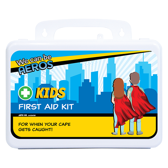 Kids waterproof first aid kit contents including plasters, conforming bandages, burn gel, eye wash and CPR face shield
