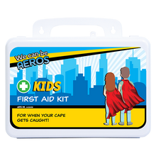 Kids waterproof first aid kit contents including plasters, conforming bandages, burn gel, eye wash and CPR face shield