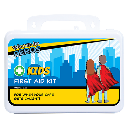 Kids waterproof first aid kit contents including plasters, conforming bandages, burn gel, eye wash and CPR face shield