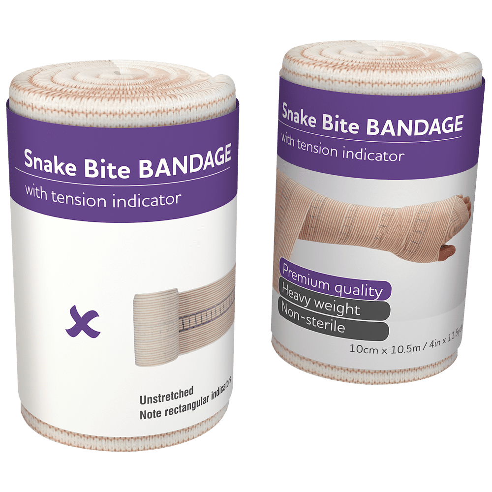 Snake bite kit contents including two 10cm tension indicator bandages, calico triangular bandage and instant ice pack