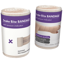 Snake bite kit contents including two 10cm tension indicator bandages, calico triangular bandage and instant ice pack
