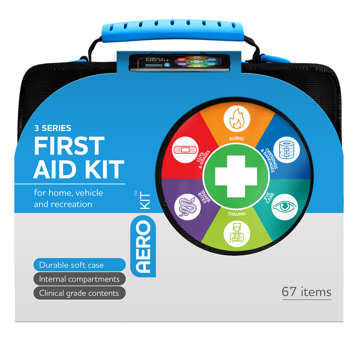 3 Series first aid kit contents include adhesive strips, wound dressings, antiseptic wipes and gloves