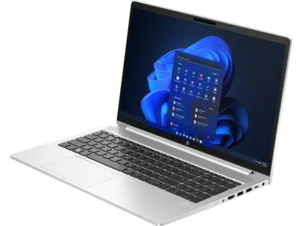 Silver laptop with black keyboard and Windows 11 home screen