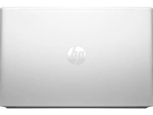 Silver HP laptop closed, showing the HP logo on the top cover, minimalist design.