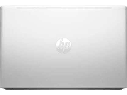 Silver HP laptop closed, showing the HP logo on the top cover, minimalist design.