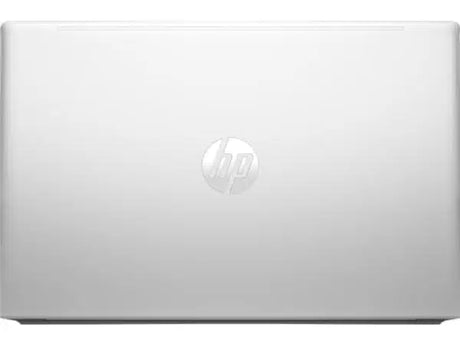 Silver HP laptop closed, showing the HP logo on the top cover, minimalist design.