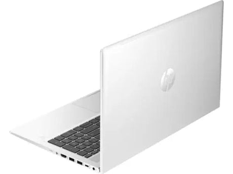 Silver HP laptop partially open showing keyboard and side ports on white background