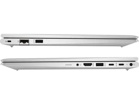 Slim silver laptop side view showing USB, HDMI, Ethernet, and audio ports