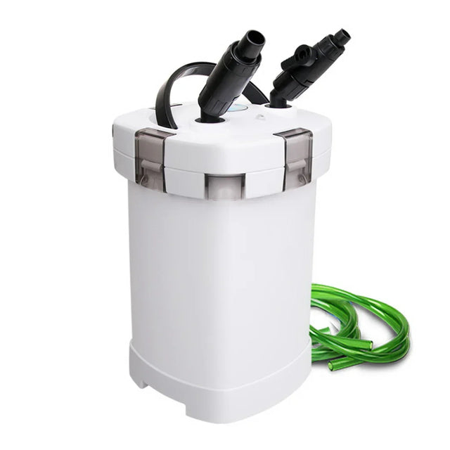 Aquarium canister filter with black valves and green hose on a white background