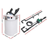 Aquarium canister filter with pump and tubing, showing measured dimensions in centimeters.