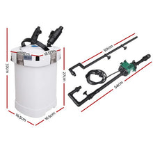 Aquarium canister filter with pump and tubing, showing measured dimensions in centimeters.