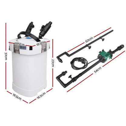 Aquarium canister filter with pump and tubing, showing measured dimensions in centimeters.