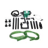 Aquarium water pump kit with green hoses, filter tubes, black connectors, and suction cups