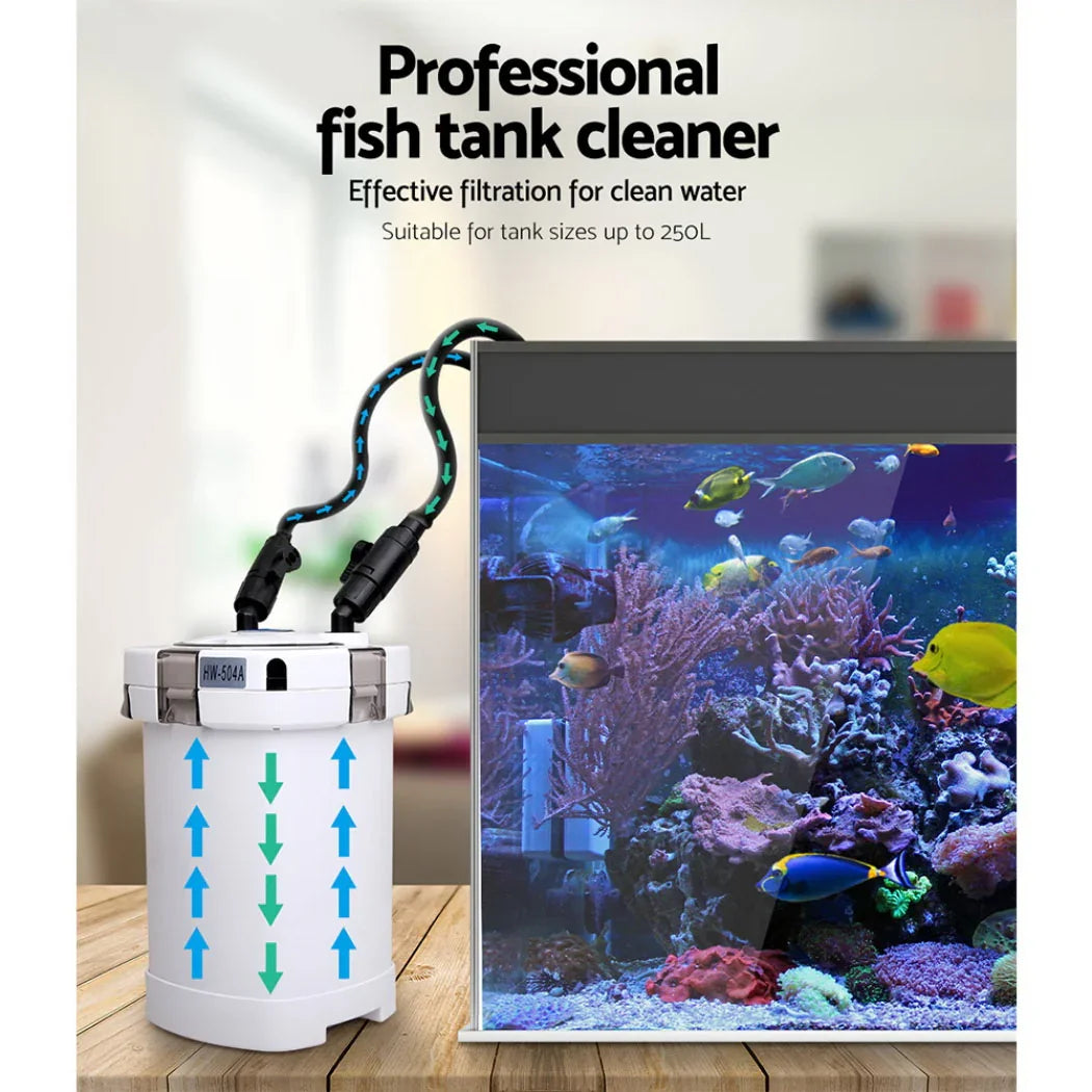 External aquarium filter connected to fish tank, effective water filtration system