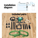 Aquarium water filter pump kit with green hoses, pipes, suction cups, and installation diagram.