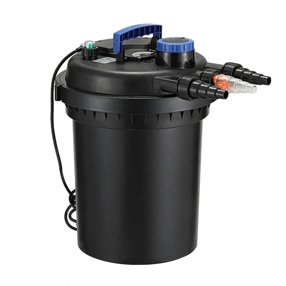 Black pond pressure filter with blue handle, multiple hose connectors, and power cord