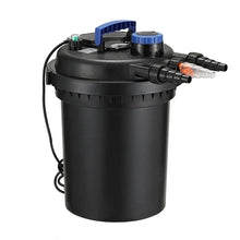 Black pond pressure filter with blue handle, multiple hose connectors, and power cord
