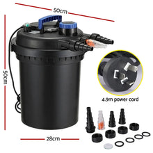 Black canister pond filter with UV light, fittings, 4.9m cord, shown with dimensions 50x28cm.