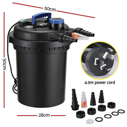 Black canister pond filter with UV light, fittings, 4.9m cord, shown with dimensions 50x28cm.