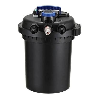 Black canister pond filter with blue handle and multiple water connector fittings