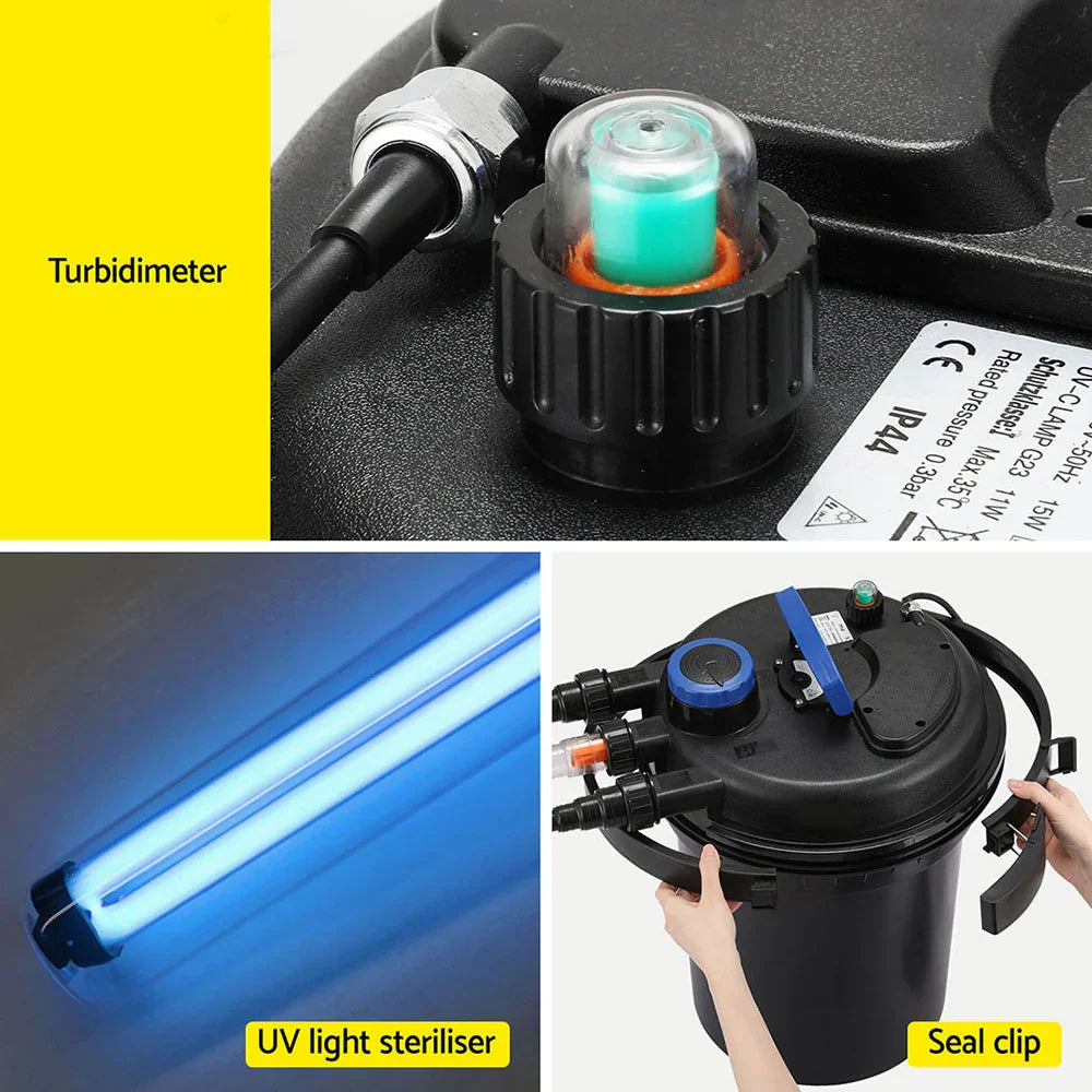 UV light steriliser system with turbidimeter, seal clip, and filter canister