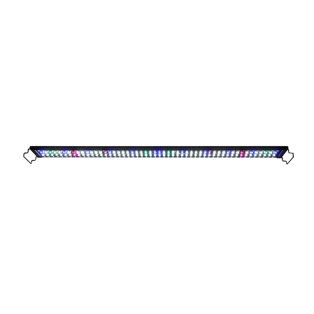 Slim black LED aquarium light bar with multicolor LEDs, isolated on white background