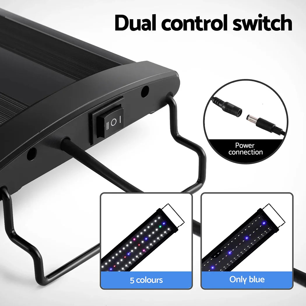 Aquarium LED light with dual control switch, power connection, five color options, and blue mode