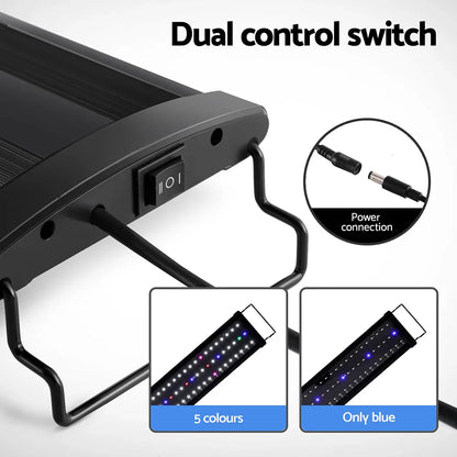 Aquarium LED light with dual control switch, power connection, five color options, and blue mode