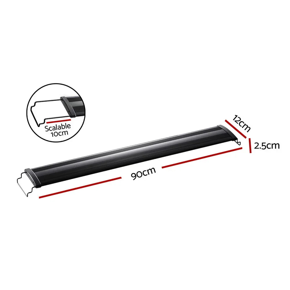 Black LED aquarium light with 90cm length, 12cm width, 2.5cm height, 10cm scalable ends