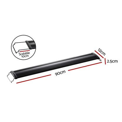 Black LED aquarium light with 90cm length, 12cm width, 2.5cm height, 10cm scalable ends