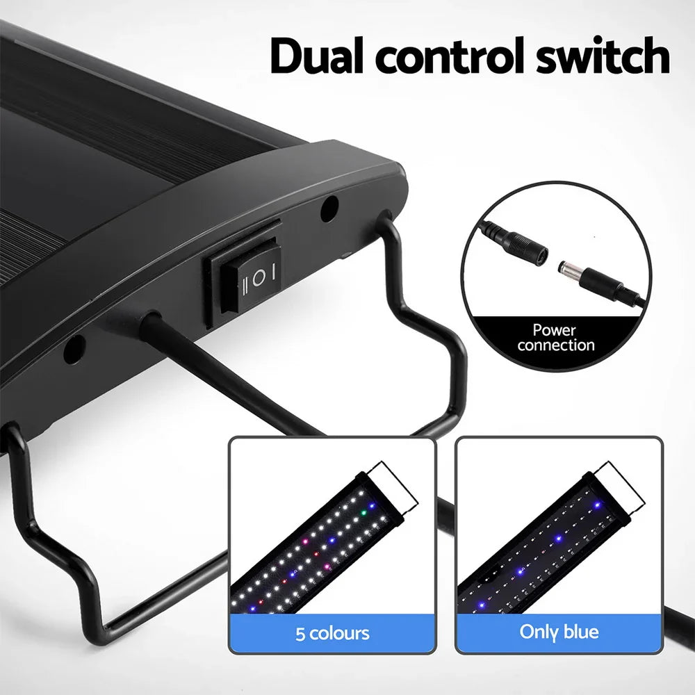 LED aquarium light with dual control switch, adjustable stand, power connection, multiple colors