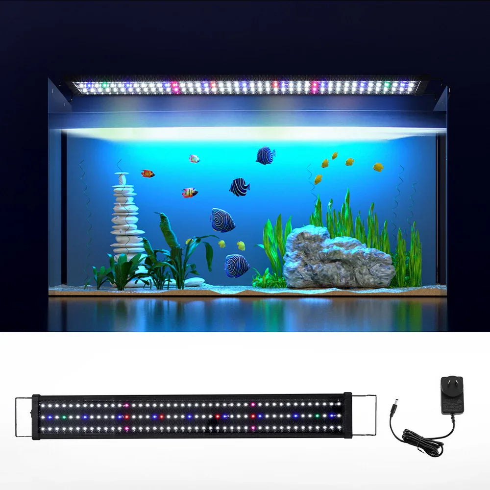 LED aquarium light fixture with multicolor LEDs, power adapter, and vibrant fish tank display