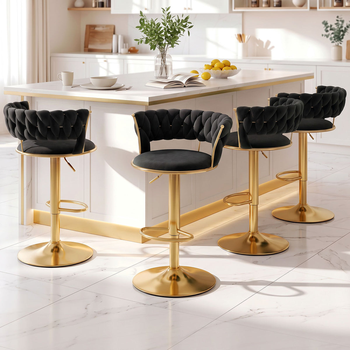 Artiss Vivien bar stool in black velvet with a hand-woven backrest, set of 4