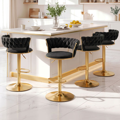 Artiss Vivien bar stool in black velvet with a hand-woven backrest, set of 4