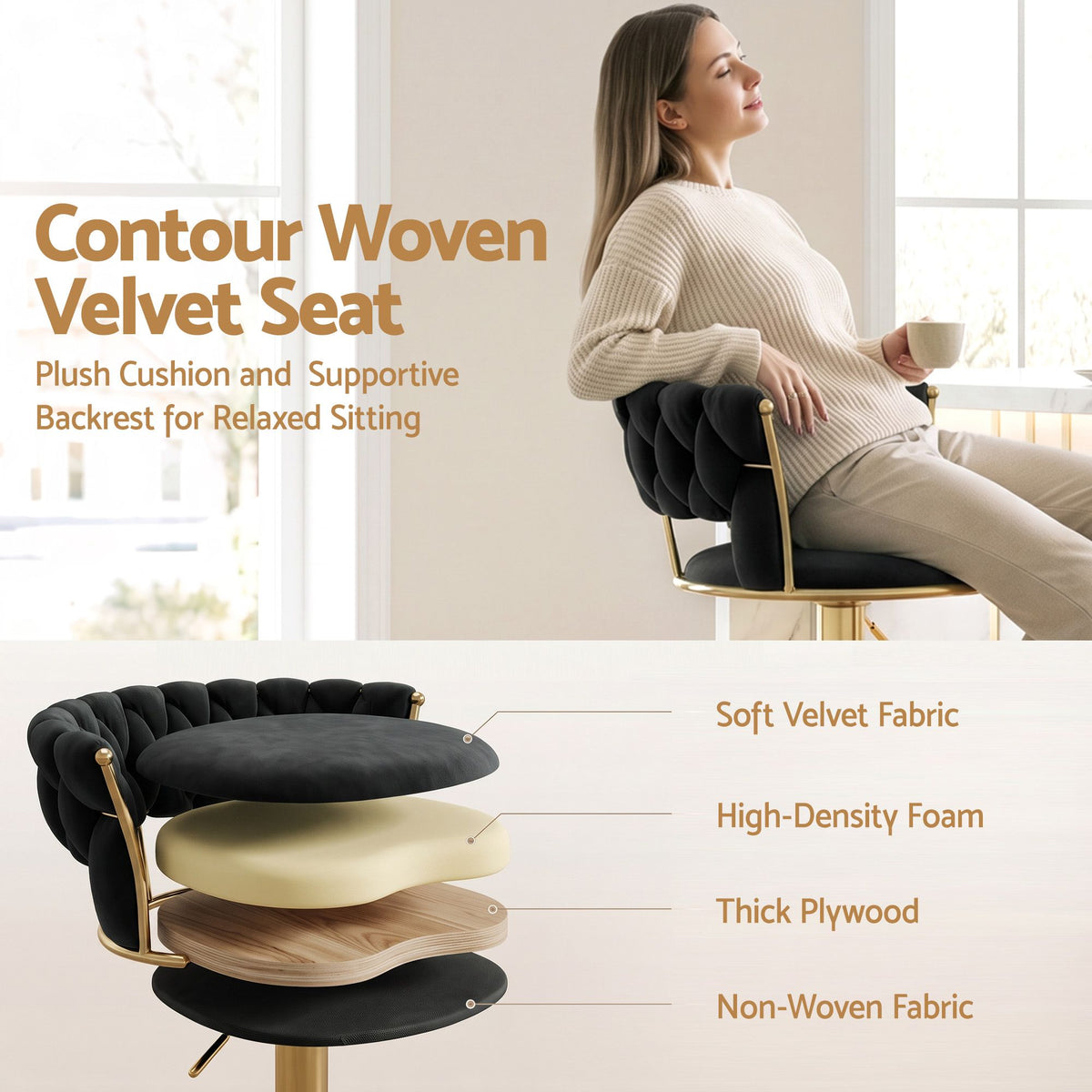 Black velvet Vivien stool with semi-circular footrest and floor protectors