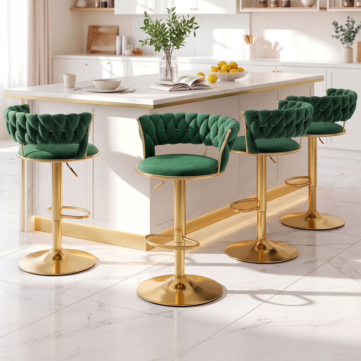 Artiss Vivien bar stool in green velvet with a hand-woven backrest, set of 4
