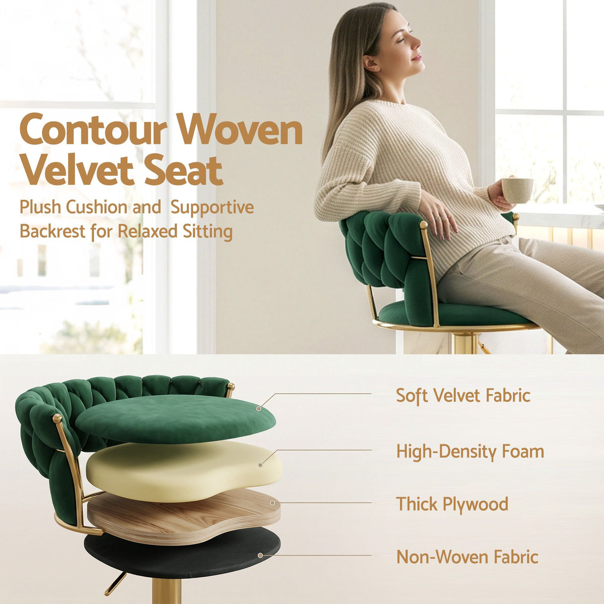 Green velvet Vivien stool with semi-circular footrest and floor protectors