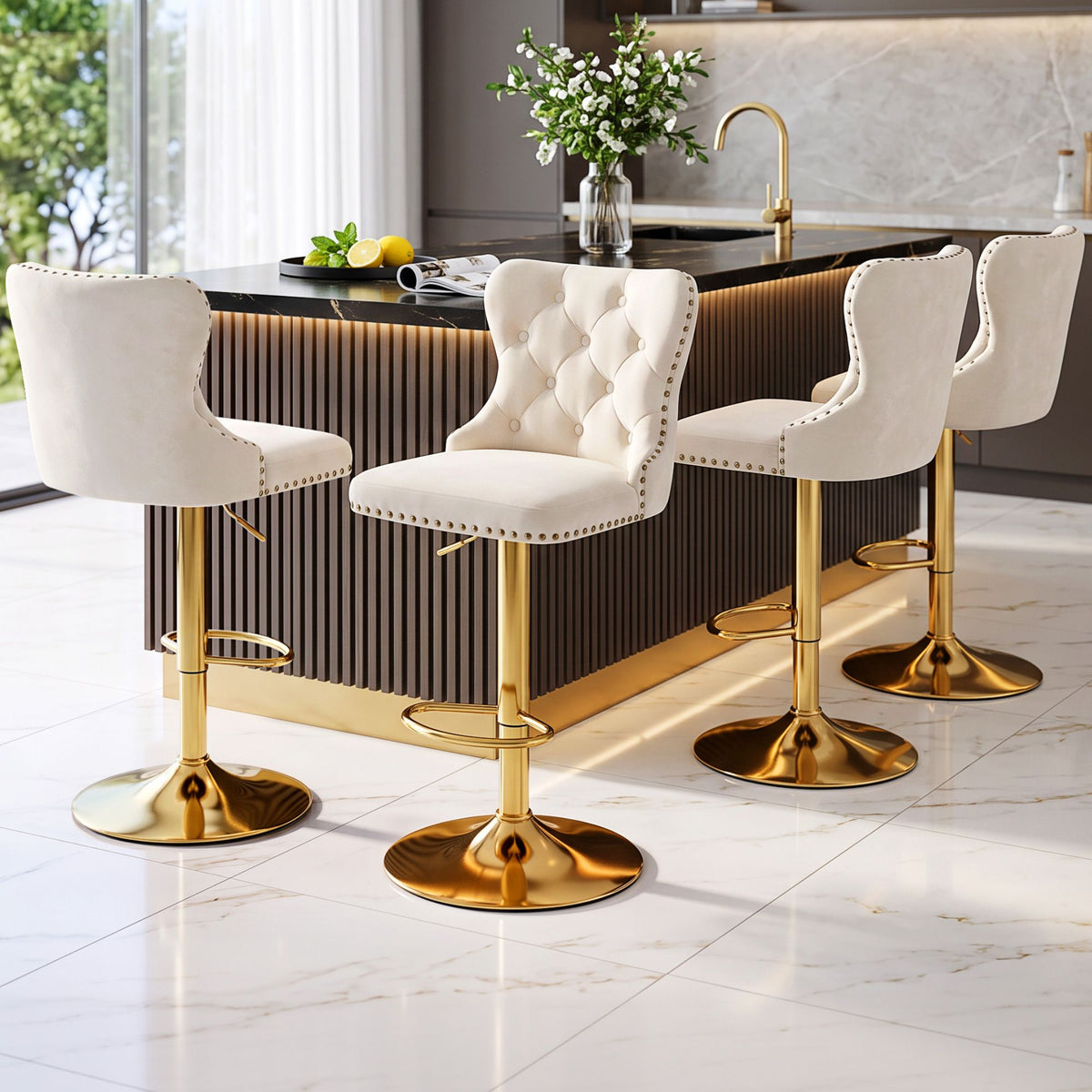 Artiss ivory velvet bar stool with decorative antique brass nailhead trim, set of 4