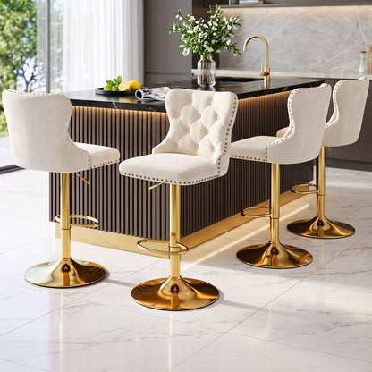 Artiss ivory velvet bar stool with decorative antique brass nailhead trim, set of 4