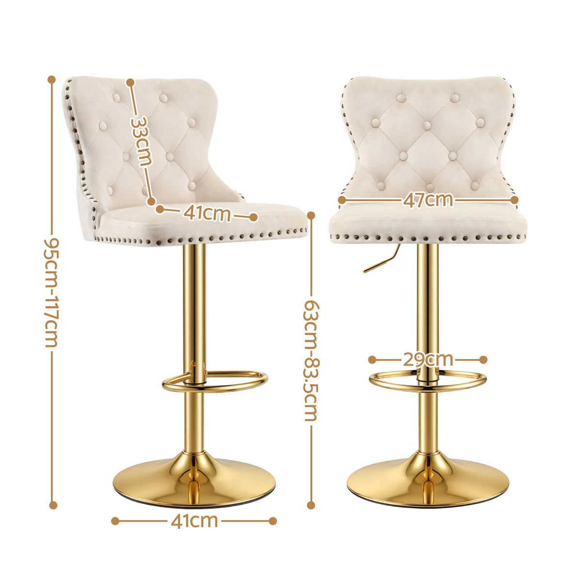 Ivory velvet bar stool with anti-scratch semi-circle metal footrest ring